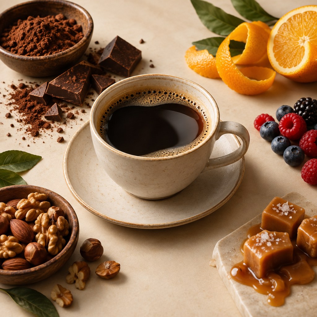 Coffee flavor notes represented by brewed coffee with fruit, cocoa, nuts, and caramel
