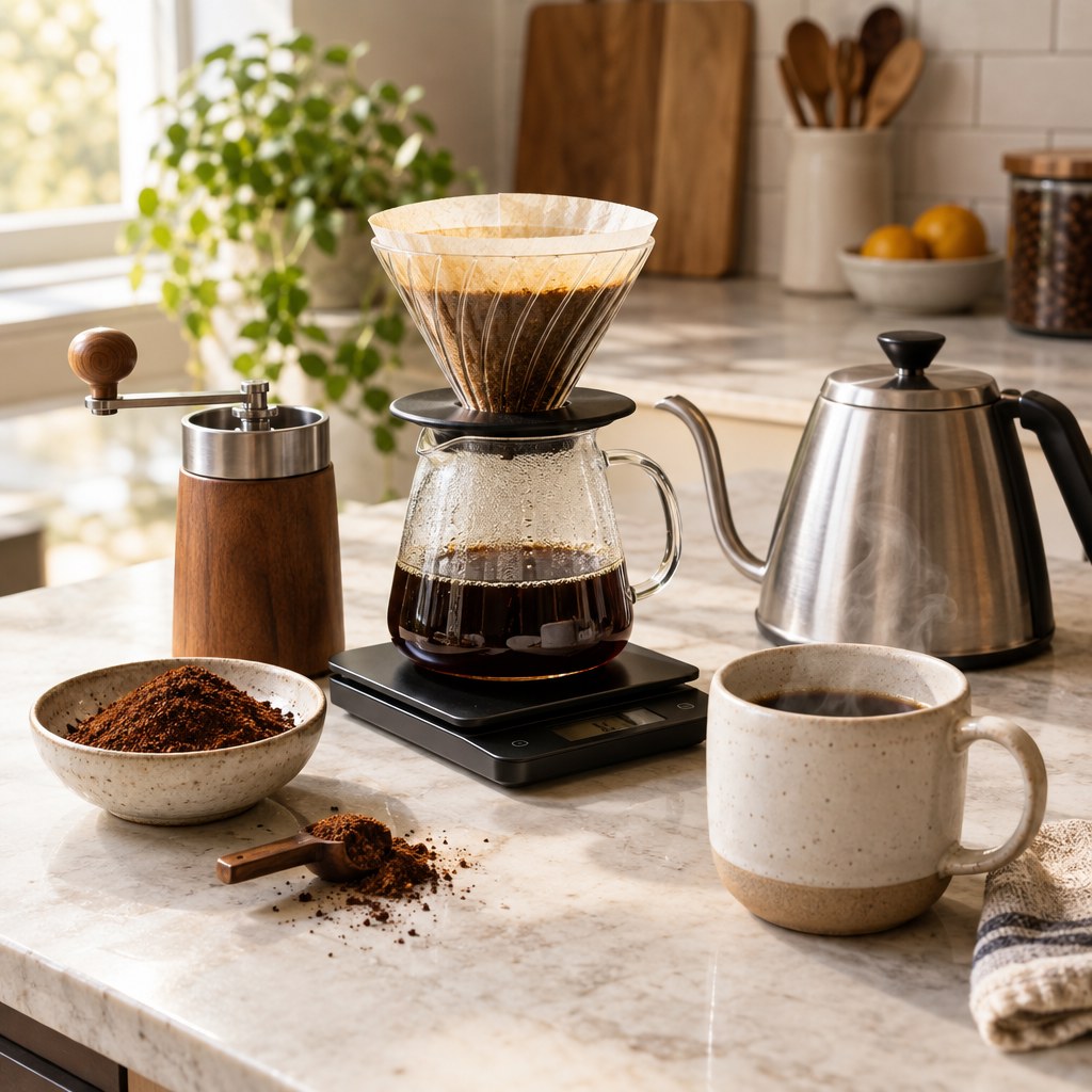 Home coffee brewing setup with grinder, brewer, kettle, and fresh coffee