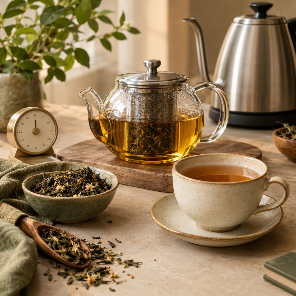 Loose-leaf tea steeping setup with teapot, infuser, kettle, and cup