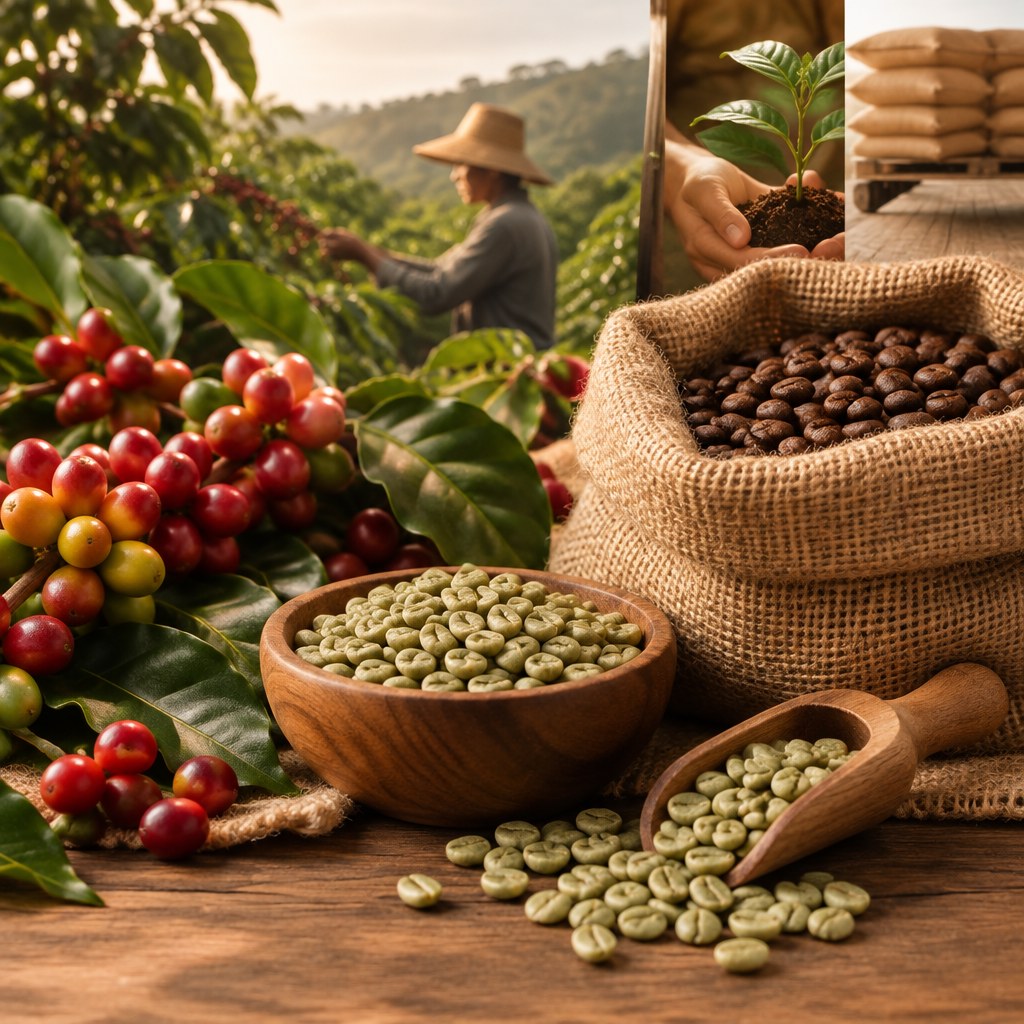 Fair Trade Certified coffee with coffee beans and sourcing imagery