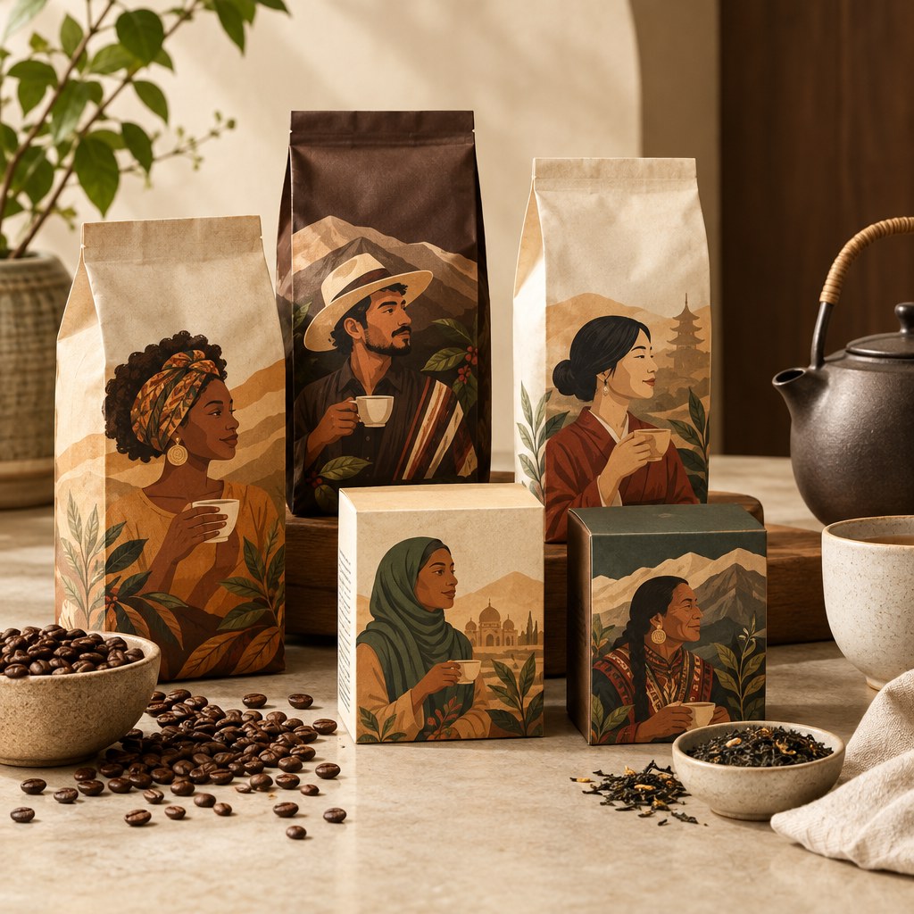 Inclusive coffee and tea packaging representing diverse customers and cultures