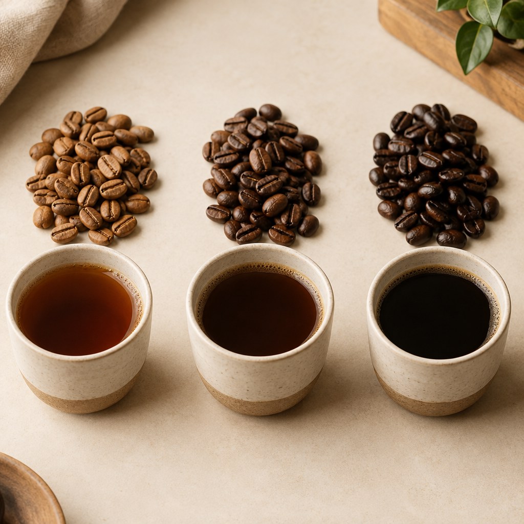 Light, medium, and dark roast coffee beans and brewed coffee compared side by side