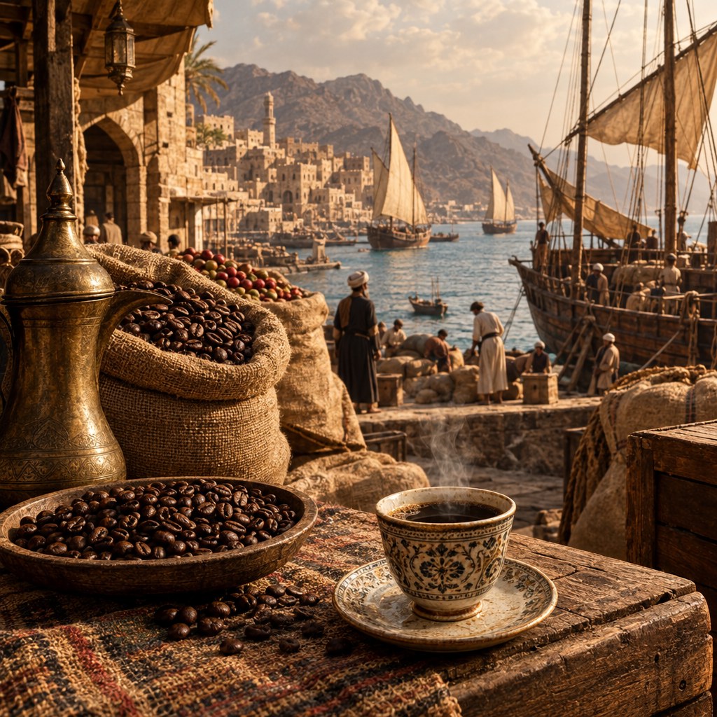 Historic Mocha coffee port in Yemen with coffee sacks, ships, and brewed coffee