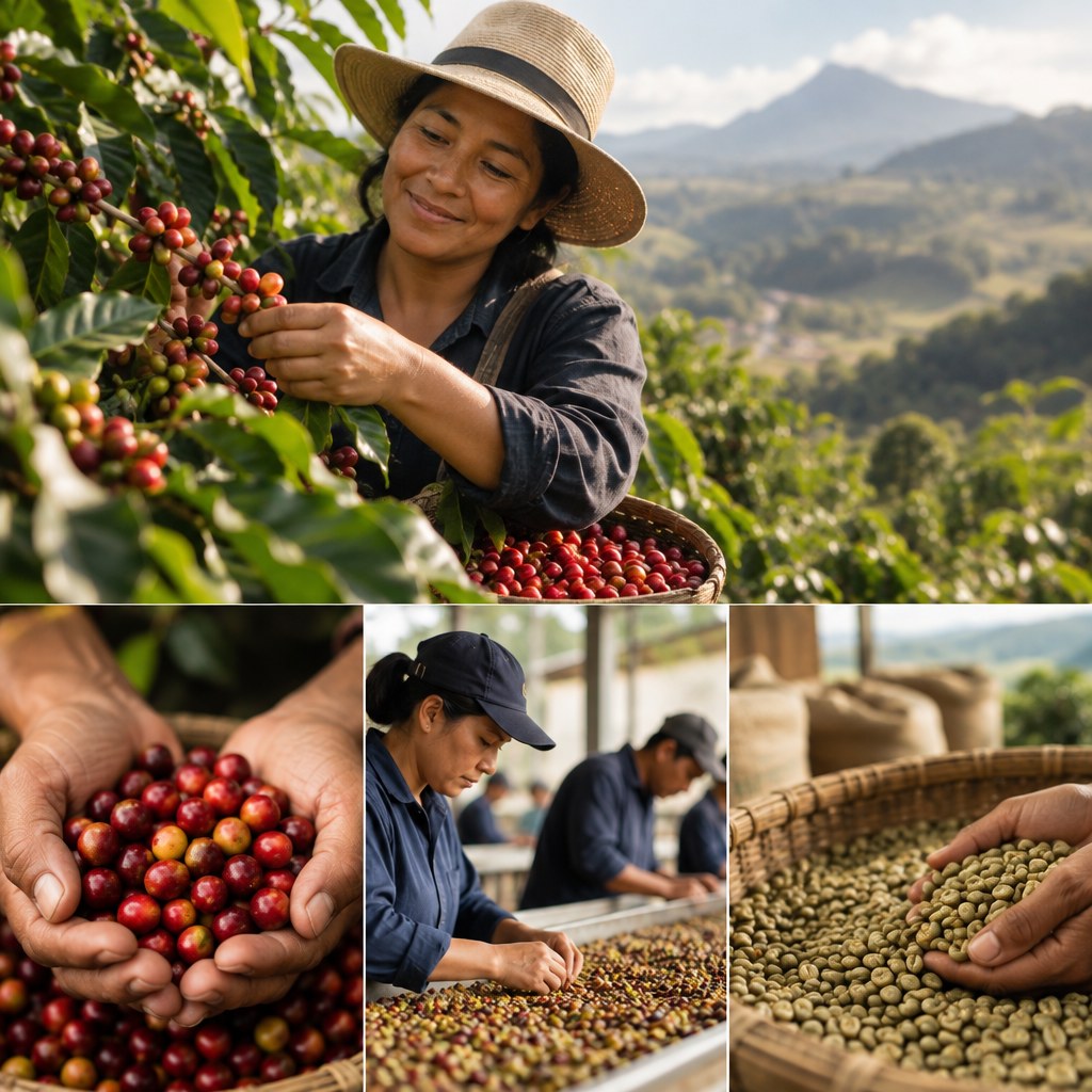 Fair trade coffee concept showing ethical sourcing and coffee farming