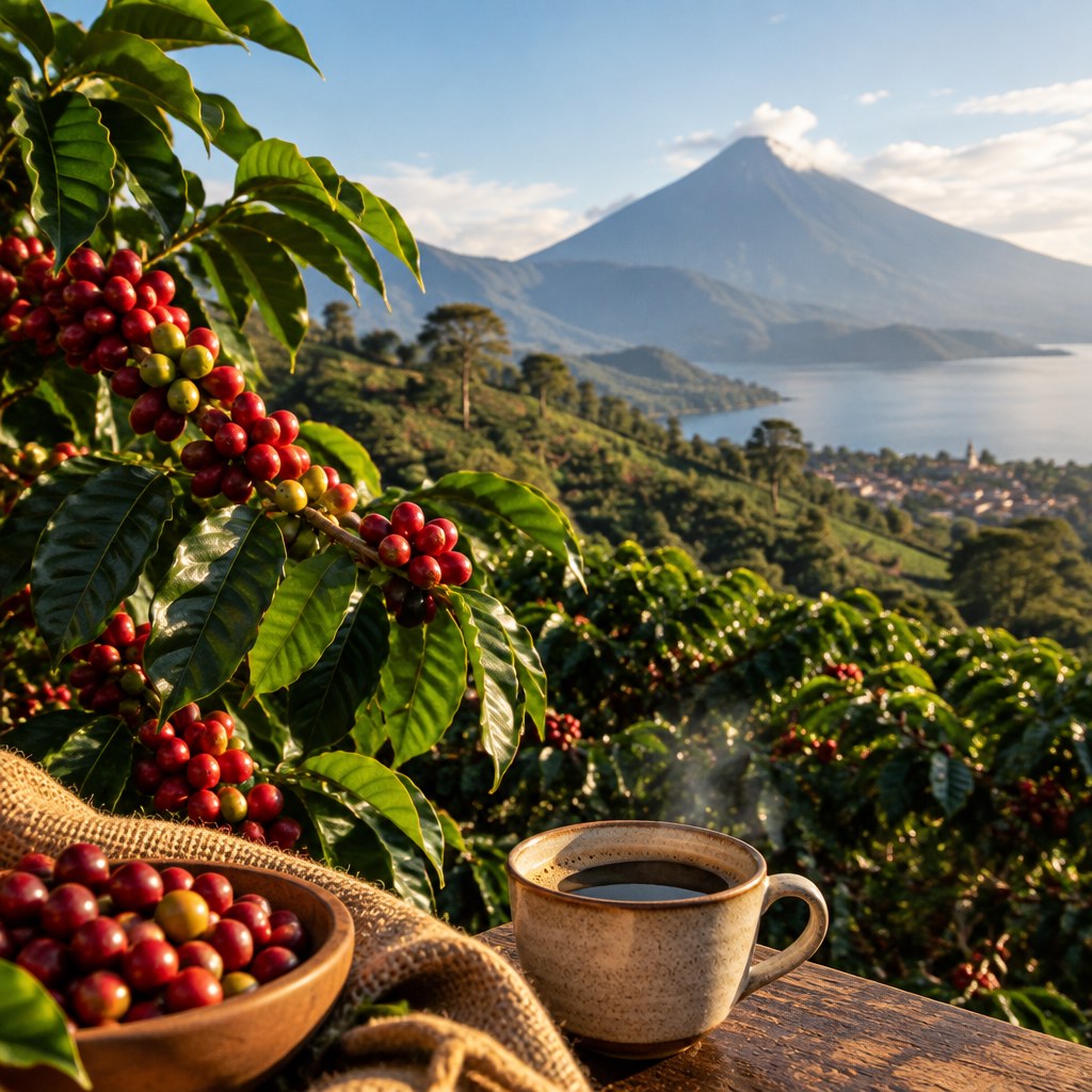 Guatemala coffee origin concept with coffee landscape and brewed cup