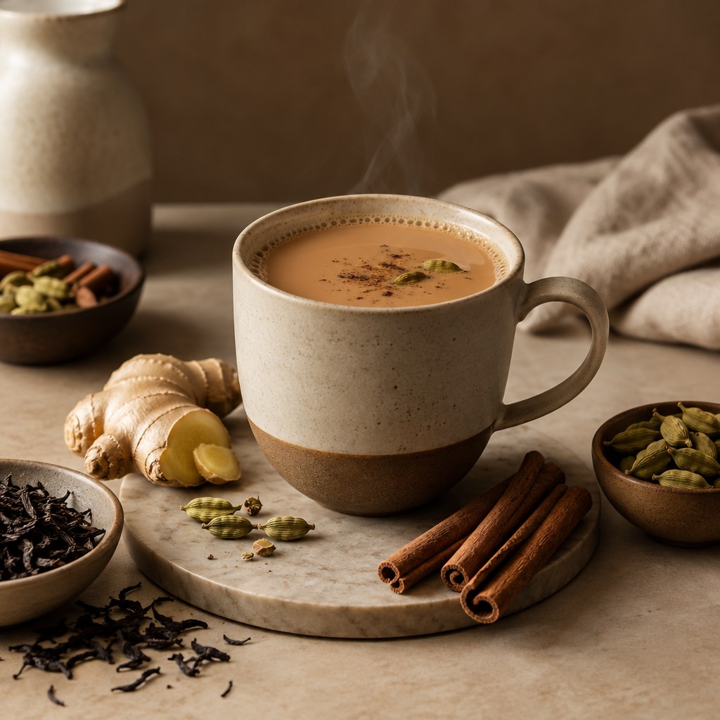Masala chai served warm with aromatic spices, illustrating how to brew spiced tea at home